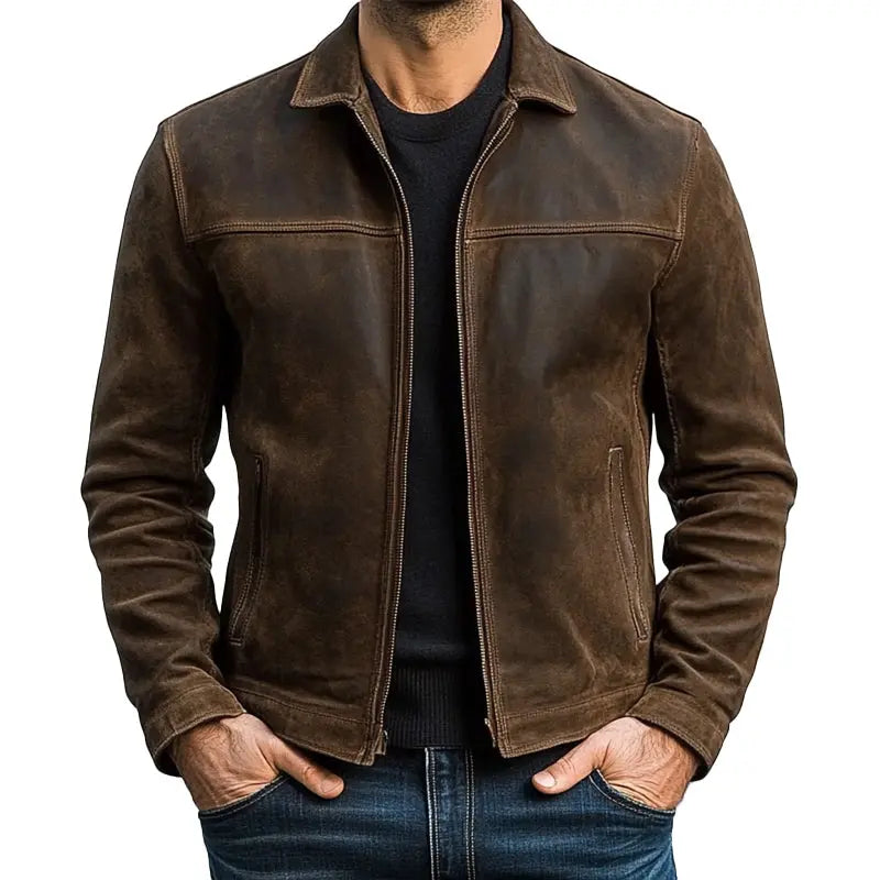 Men's Brown Leather Jacket - Classic Collared Zip-Up Biker Coat