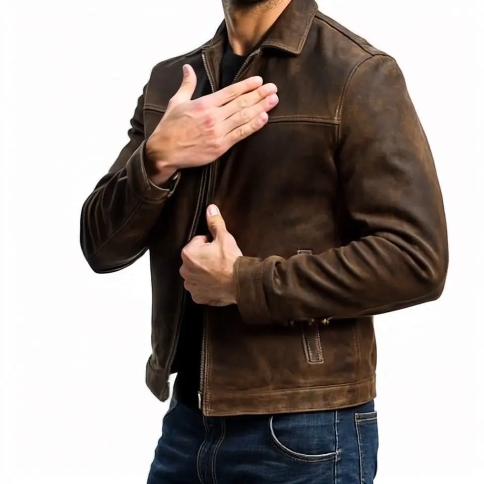 Men's Brown Leather Jacket - Classic Collared Zip-Up Biker Coat