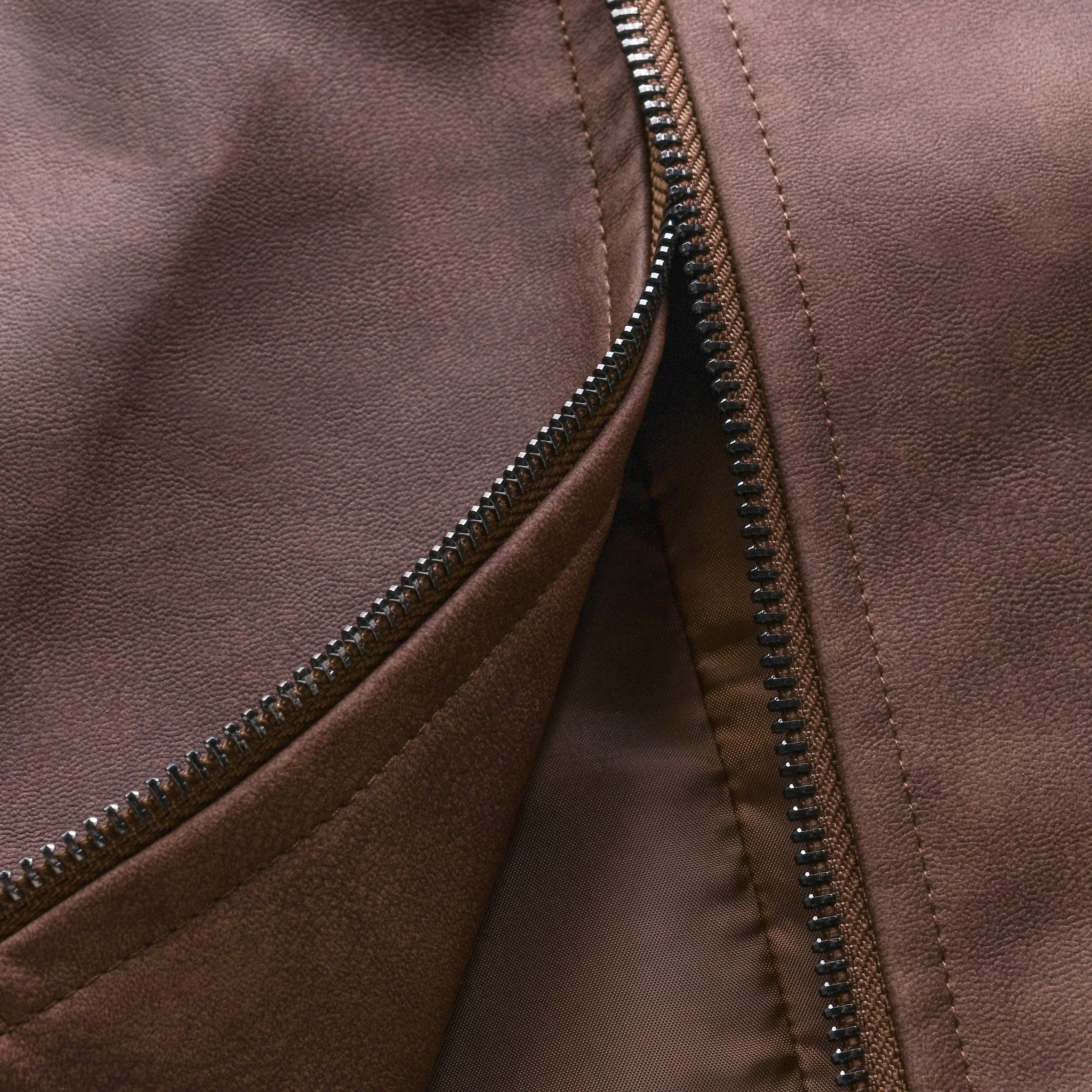 Men's Brown Leather Jacket - Classic Collared Zip-Up Biker Coat