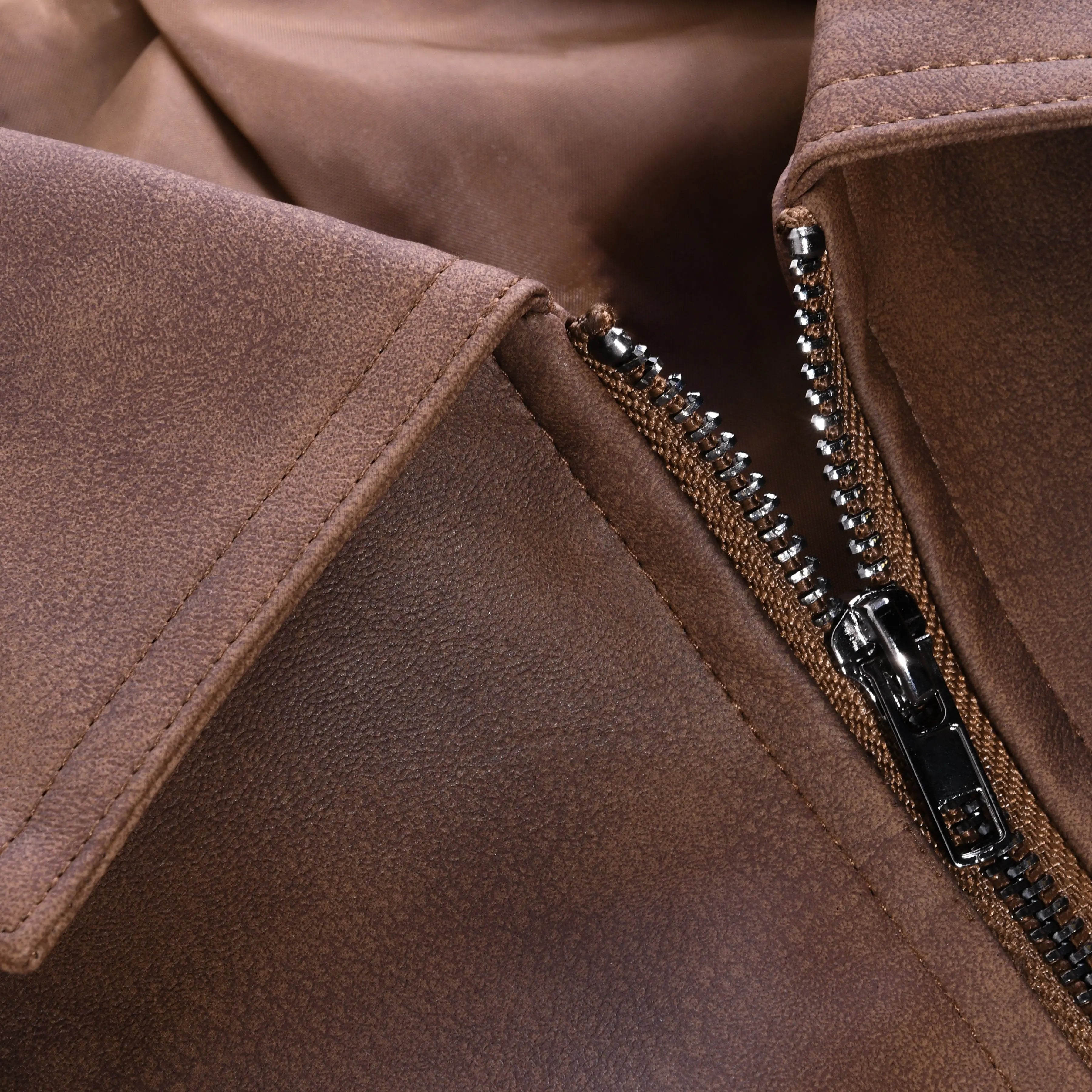 Men's Brown Leather Jacket - Classic Collared Zip-Up Biker Coat