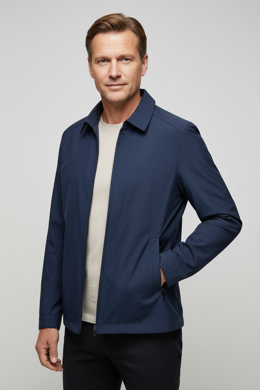 Men's Harrington Jacket - Navy Lightweight Zip-Up Collared Coat