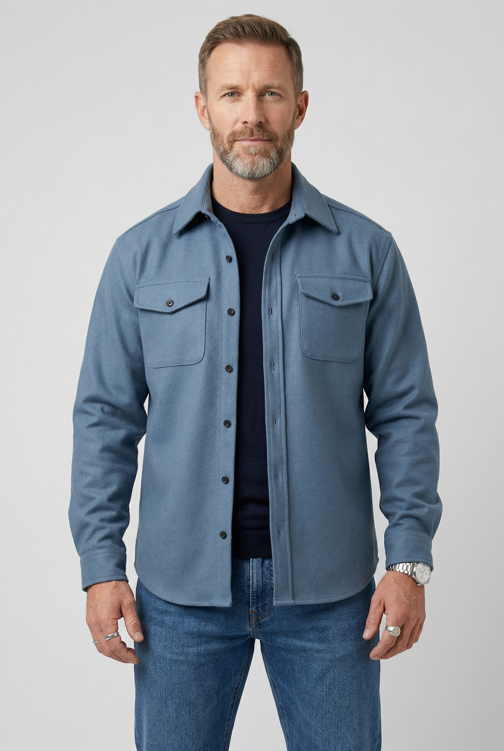 Men's Overshirt Jacket - Light Blue Brushed Cotton Shacket with Chest Pockets