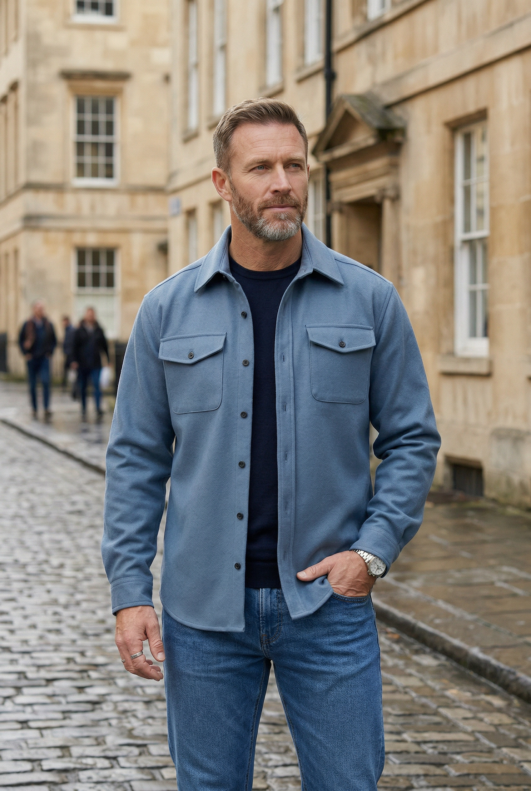 Men's Overshirt Jacket - Light Blue Brushed Cotton Shacket with Chest Pockets