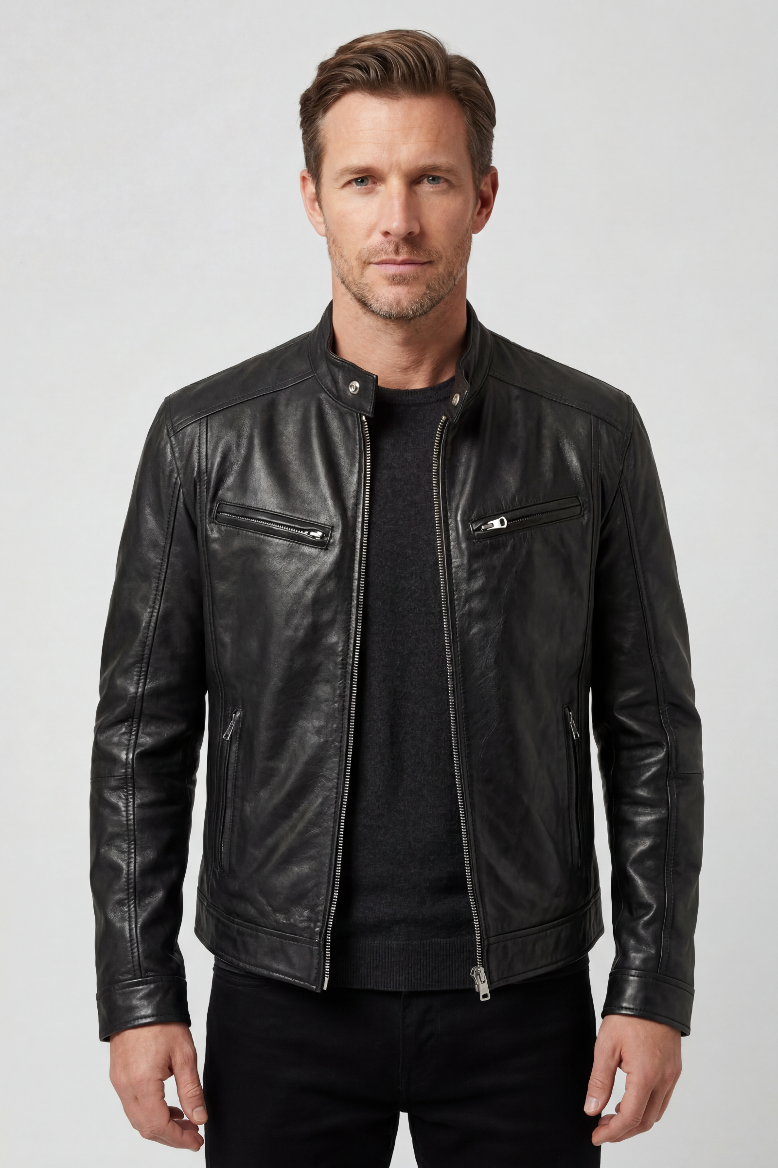 Men's Leather Biker Jacket with Zip Pockets - Black