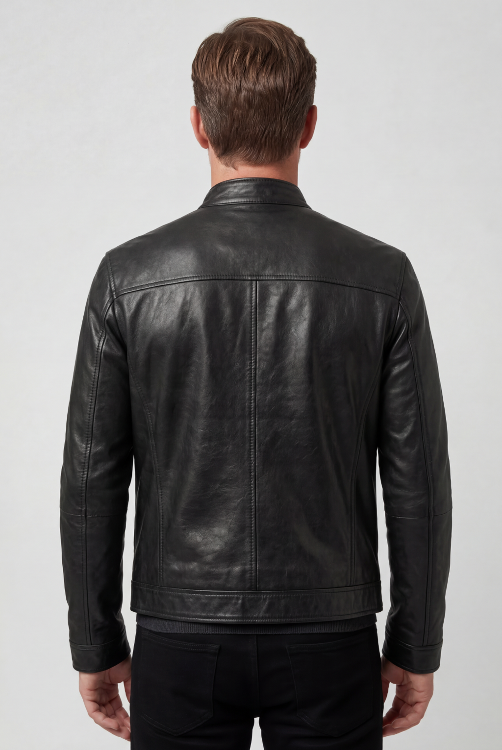 Men's Leather Biker Jacket with Zip Pockets - Black