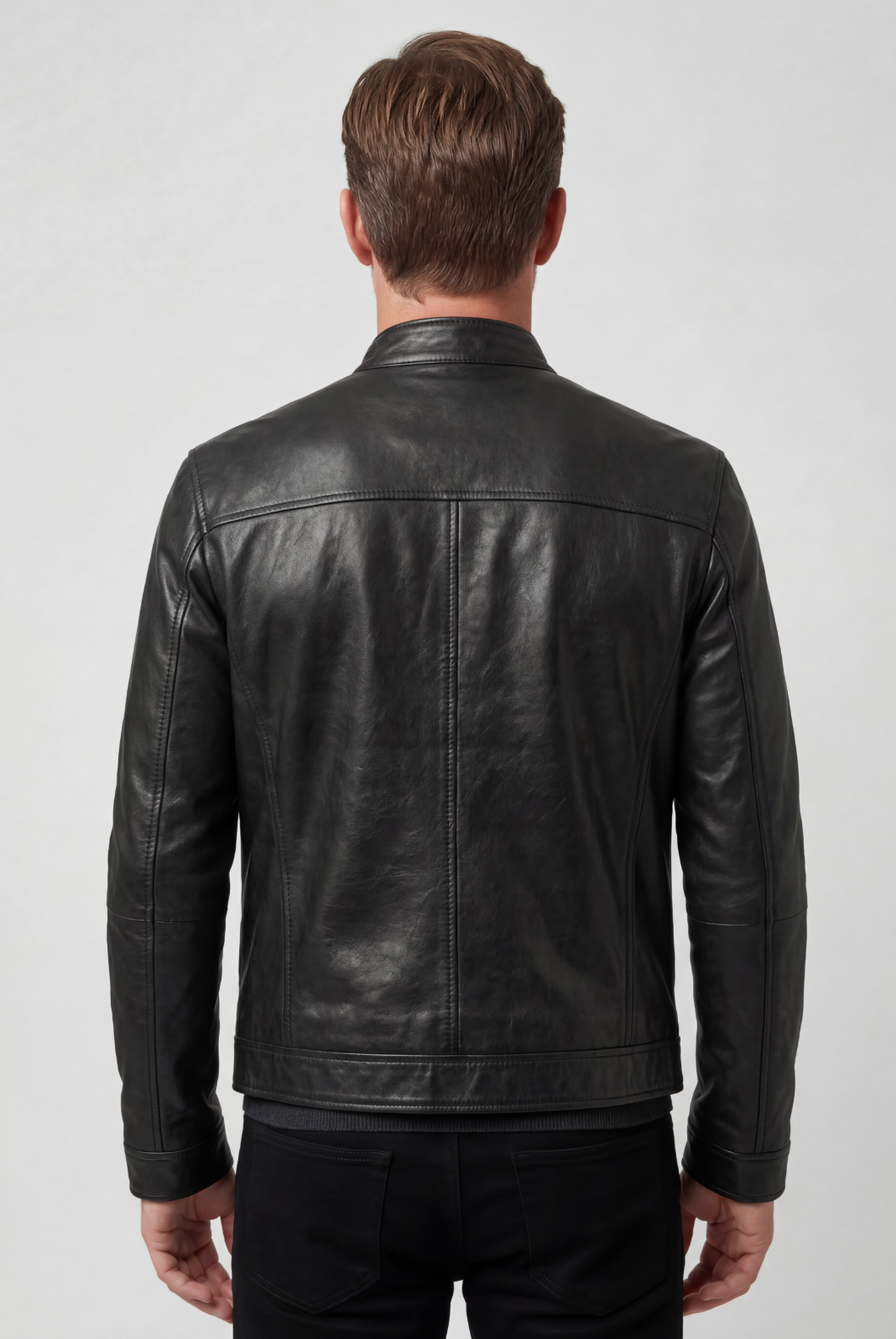 Men's Leather Biker Jacket with Zip Pockets - Black