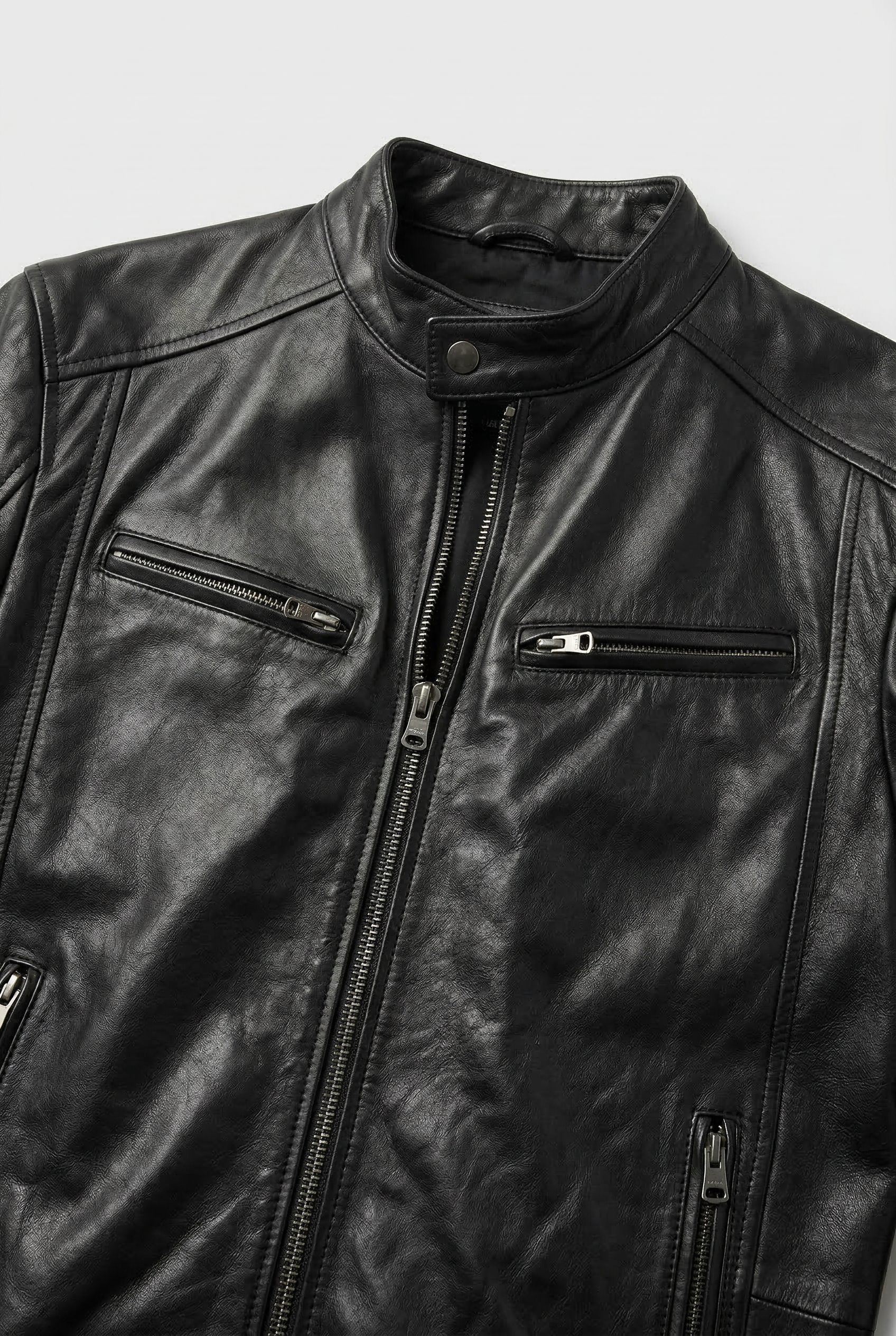 Men's Leather Biker Jacket with Zip Pockets - Black