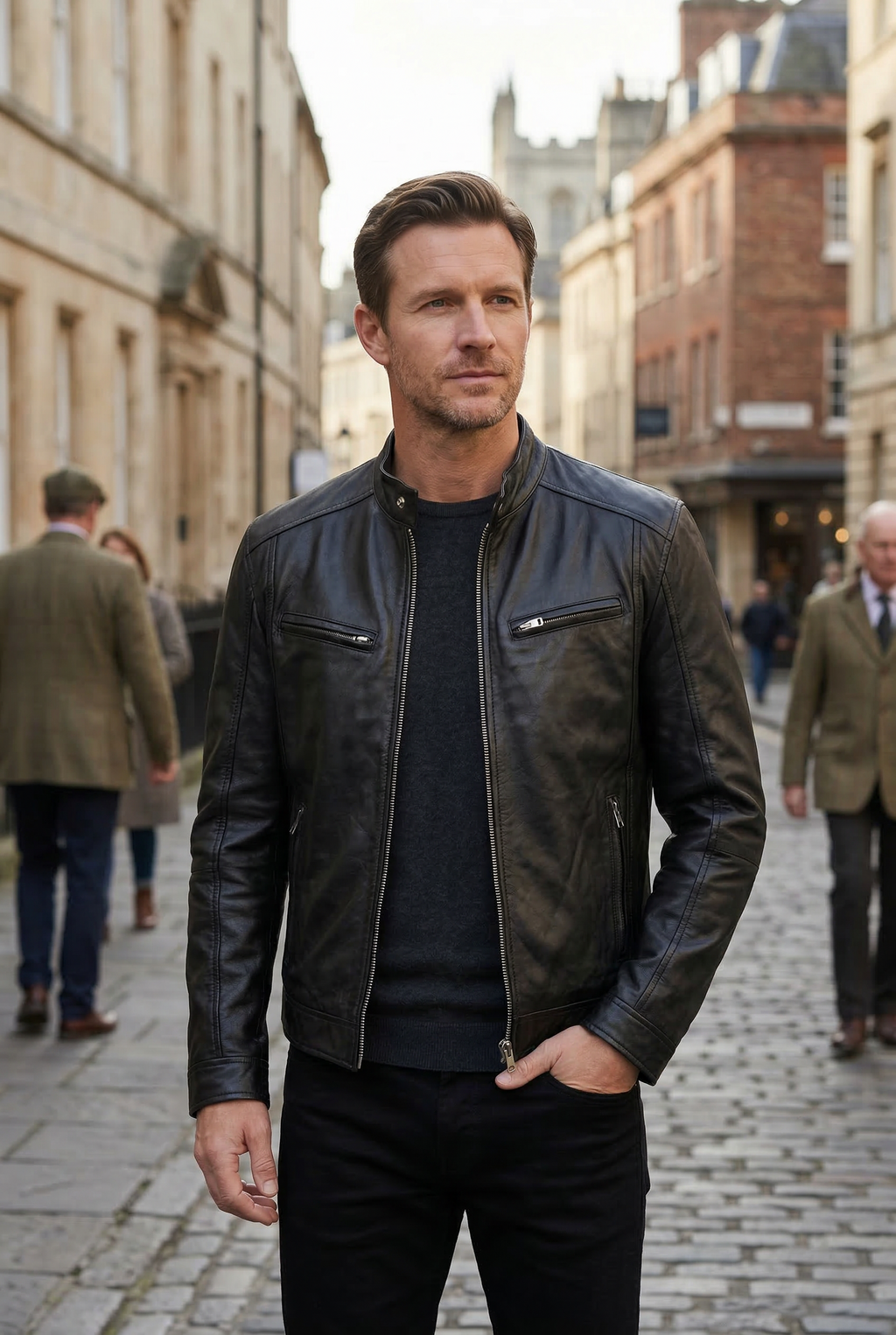 Men's Leather Biker Jacket with Zip Pockets - Black