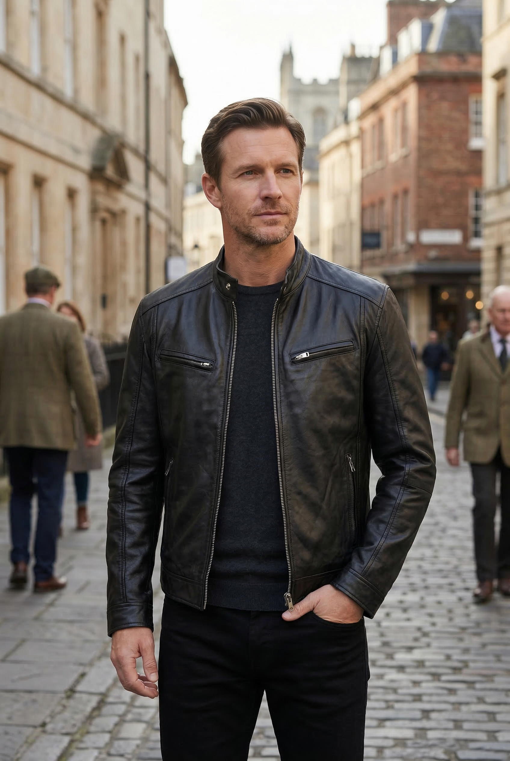 Men's Leather Biker Jacket with Zip Pockets - Black