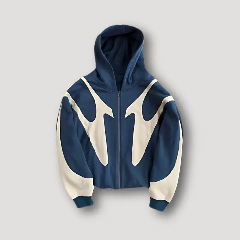 Men's Zip Up Hoodie Colour-Block Navy & Cream Cotton Blend Full-Zip Sweatshirt
