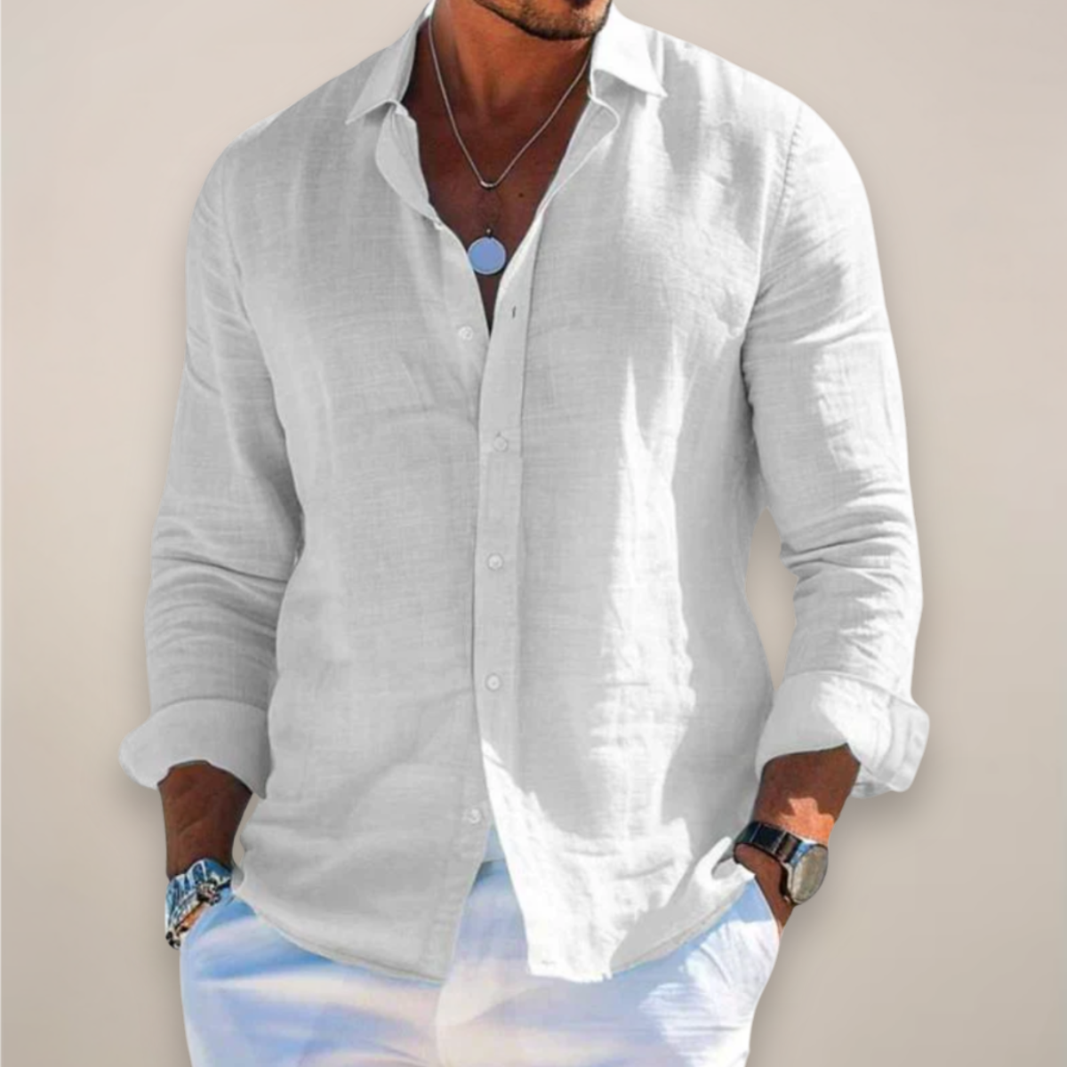 Men's Linen Long Sleeve Button-Up Shirt – Casual Solid Colour Design