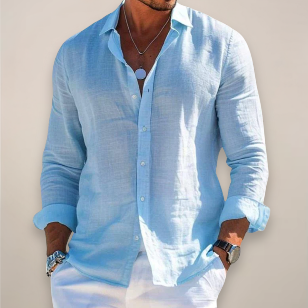 Men's Linen Long Sleeve Button-Up Shirt – Casual Solid Colour Design