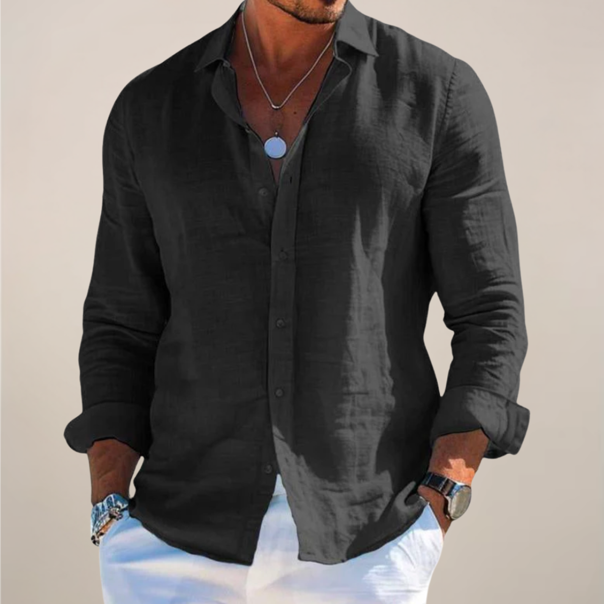 Men's Linen Long Sleeve Button-Up Shirt – Casual Solid Colour Design