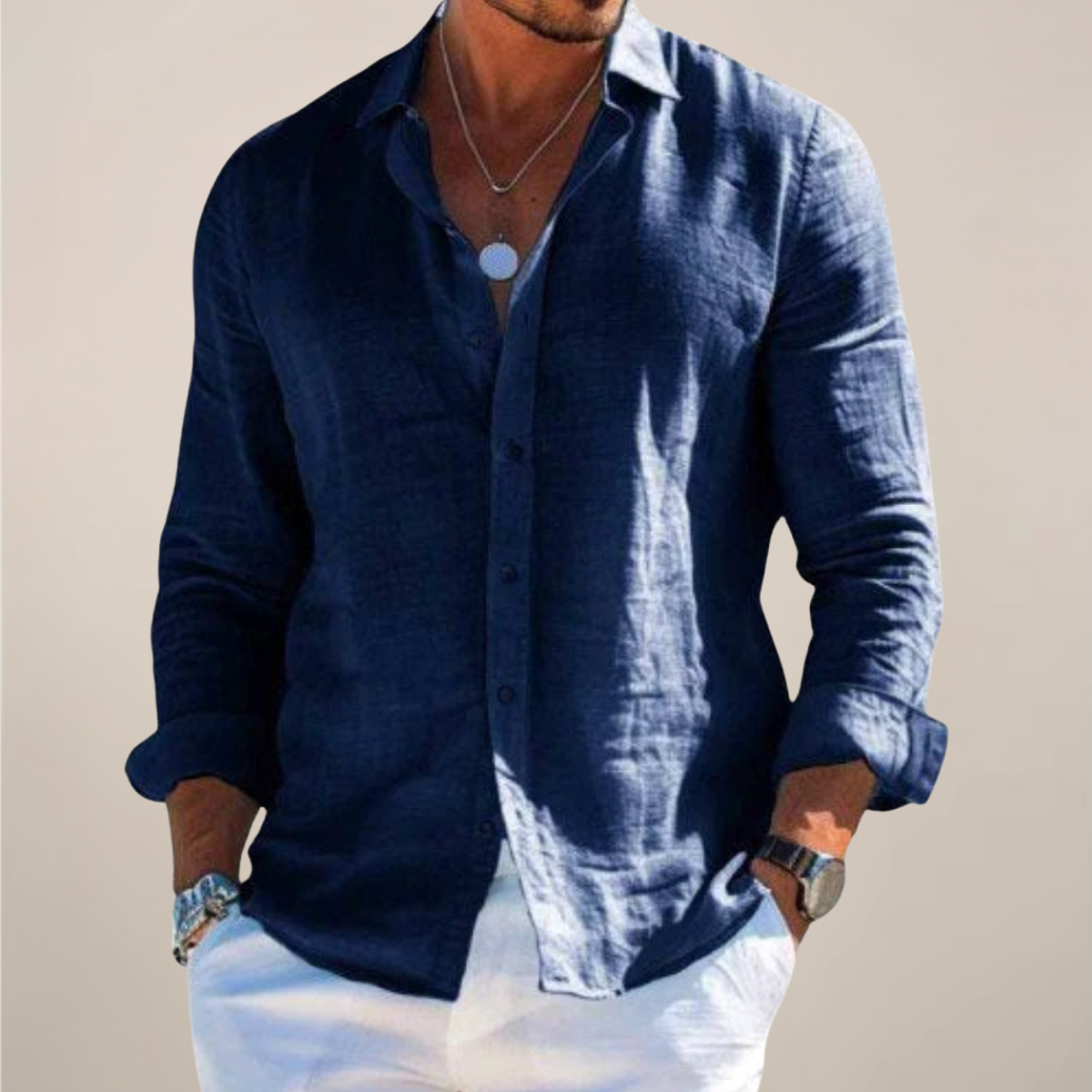 Men's Linen Long Sleeve Button-Up Shirt – Casual Solid Colour Design