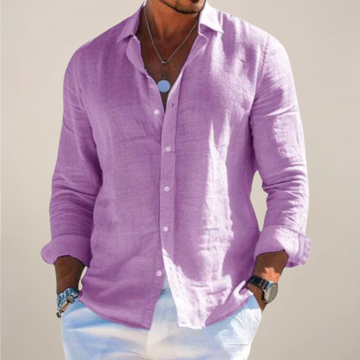 Men's Linen Long Sleeve Button-Up Shirt – Casual Solid Colour Design