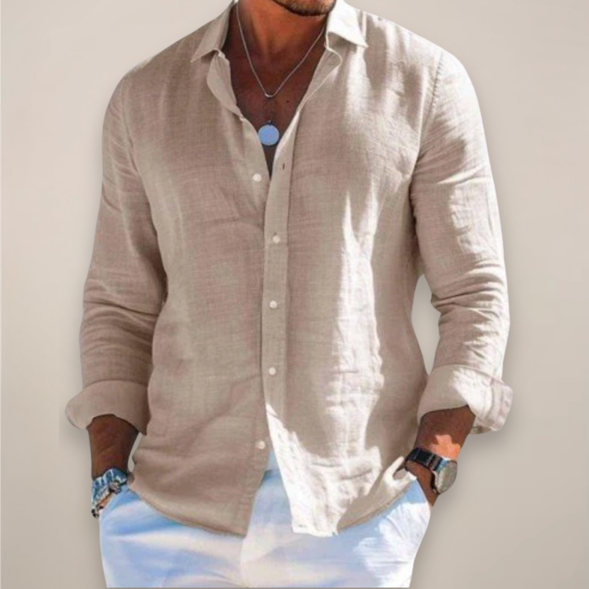 Men's Linen Long Sleeve Button-Up Shirt – Casual Solid Colour Design