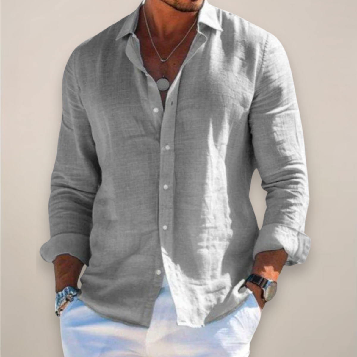 Men's Linen Long Sleeve Button-Up Shirt – Casual Solid Colour Design