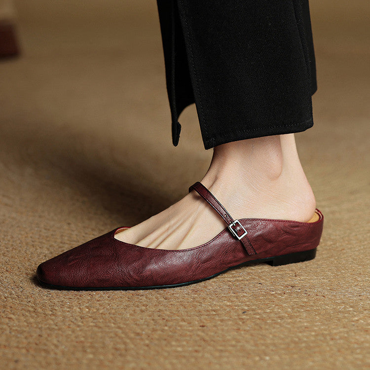 Women’s Leather Backless Flats - Pointed Toe Buckle Strap Low Heel Shoes