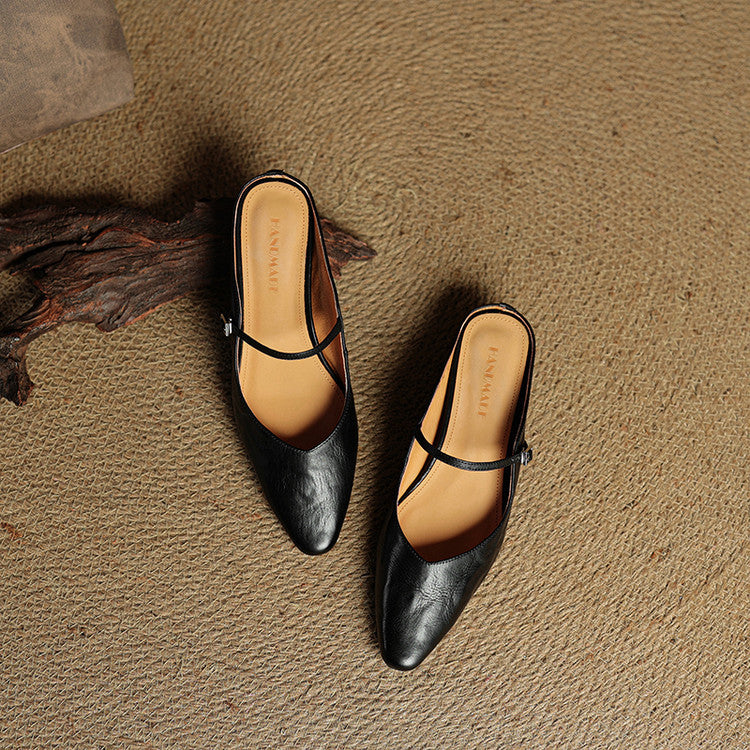 Women’s Leather Backless Flats - Pointed Toe Buckle Strap Low Heel Shoes