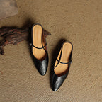 Women’s Leather Backless Flats - Pointed Toe Buckle Strap Low Heel Shoes