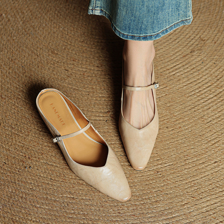 Women’s Leather Backless Flats - Pointed Toe Buckle Strap Low Heel Shoes