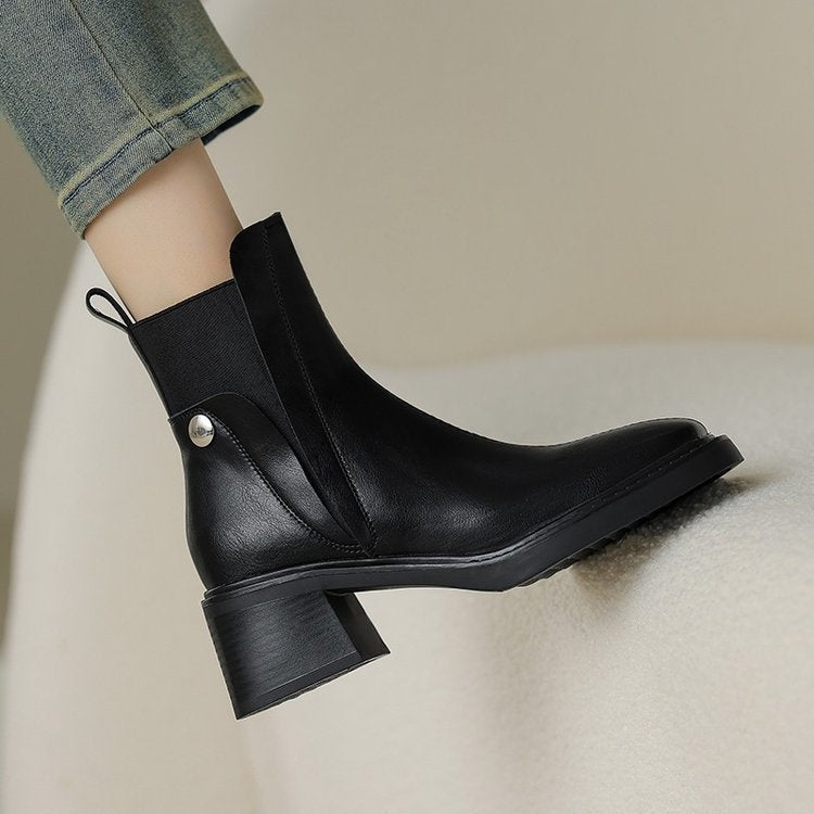 Women’s Leather Ankle Boots - Formal Chunky Heeled Shoes