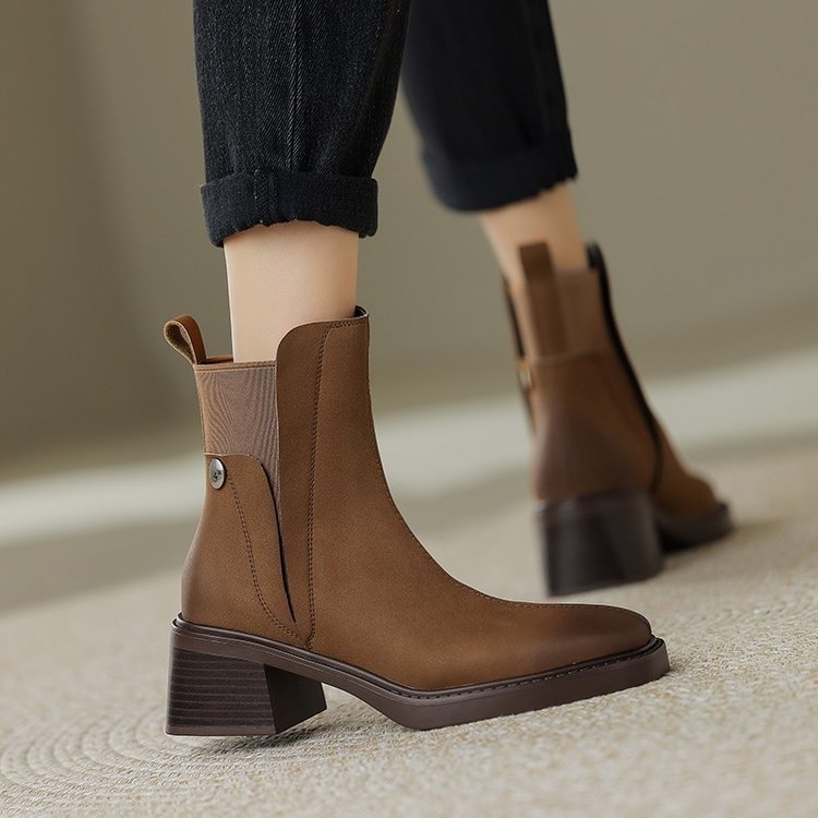Women’s Leather Ankle Boots - Formal Chunky Heeled Shoes