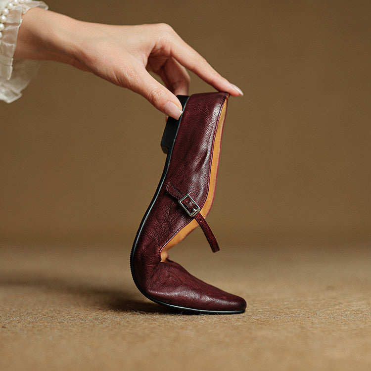 Women’s Leather Backless Flats - Pointed Toe Buckle Strap Low Heel Shoes