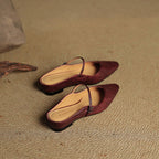 Women’s Leather Backless Flats - Pointed Toe Buckle Strap Low Heel Shoes