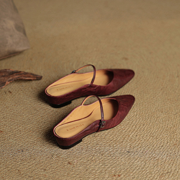 Women’s Leather Backless Flats - Pointed Toe Buckle Strap Low Heel Shoes