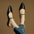 Women’s Leather Backless Flats - Pointed Toe Buckle Strap Low Heel Shoes