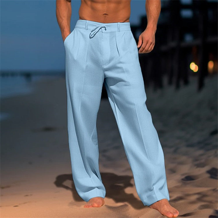 Men's Relaxed Fit Summer Trousers – Drawstring Waist and Pleated Front