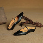 Women’s Leather Backless Flats - Pointed Toe Buckle Strap Low Heel Shoes