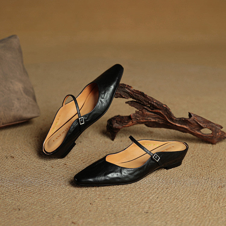 Women’s Leather Backless Flats - Pointed Toe Buckle Strap Low Heel Shoes