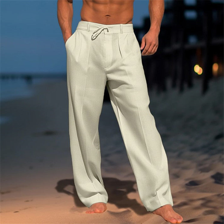 Men's Relaxed Fit Summer Trousers – Drawstring Waist and Pleated Front