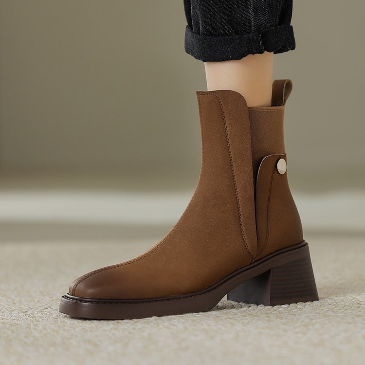 Women’s Leather Ankle Boots - Formal Chunky Heeled Shoes