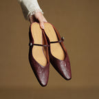Women’s Leather Backless Flats - Pointed Toe Buckle Strap Low Heel Shoes