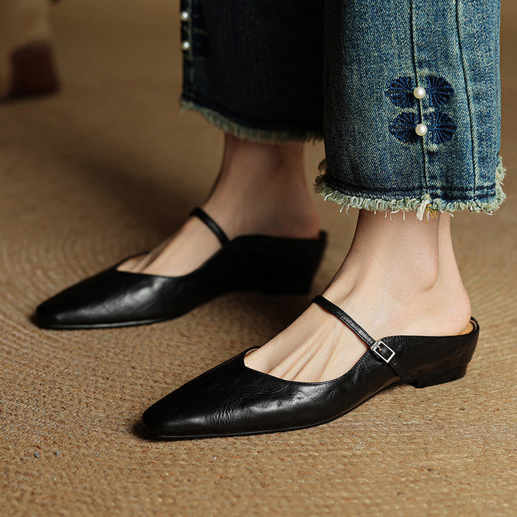 Women’s Leather Backless Flats - Pointed Toe Buckle Strap Low Heel Shoes