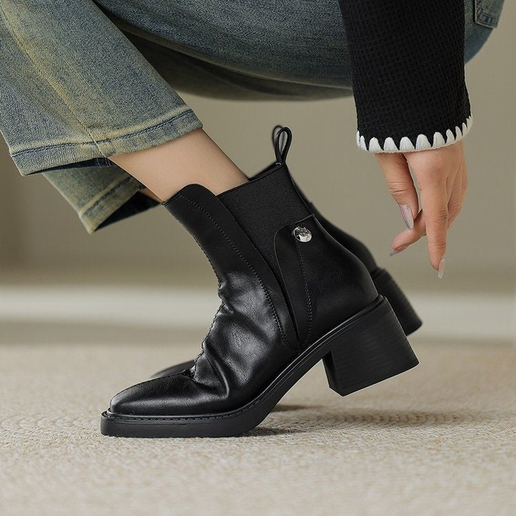 Women’s Leather Ankle Boots - Formal Chunky Heeled Shoes