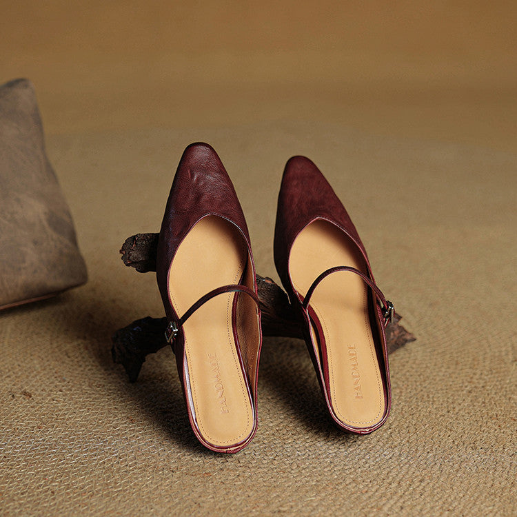 Women’s Leather Backless Flats - Pointed Toe Buckle Strap Low Heel Shoes