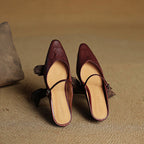 Women’s Leather Backless Flats - Pointed Toe Buckle Strap Low Heel Shoes