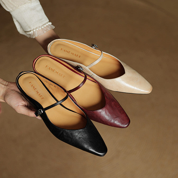 Women’s Leather Backless Flats - Pointed Toe Buckle Strap Low Heel Shoes