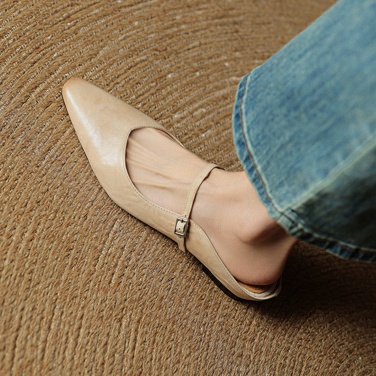 Women’s Leather Backless Flats - Pointed Toe Buckle Strap Low Heel Shoes