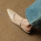 Women’s Leather Backless Flats - Pointed Toe Buckle Strap Low Heel Shoes