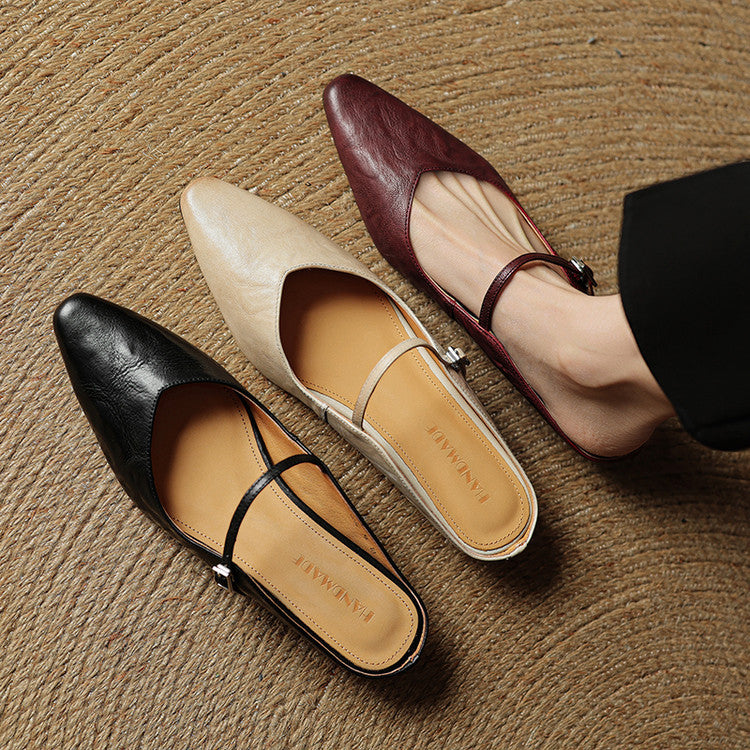 Women’s Leather Backless Flats - Pointed Toe Buckle Strap Low Heel Shoes