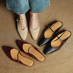 Women’s Leather Backless Flats - Pointed Toe Buckle Strap Low Heel Shoes