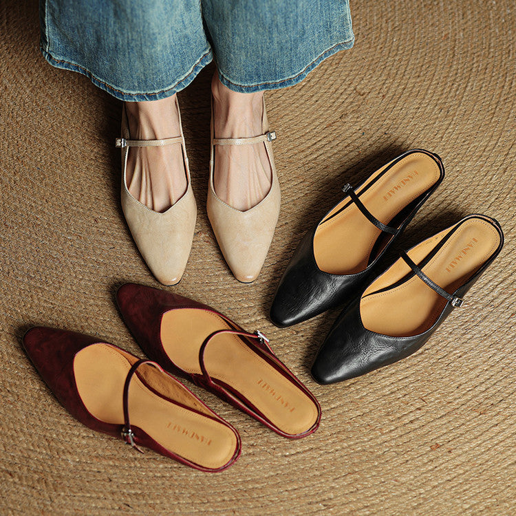 Women’s Leather Backless Flats - Pointed Toe Buckle Strap Low Heel Shoes