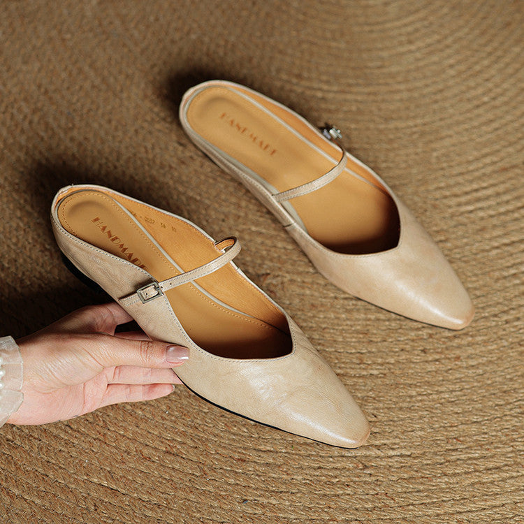 Women’s Leather Backless Flats - Pointed Toe Buckle Strap Low Heel Shoes