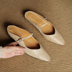 Women’s Leather Backless Flats - Pointed Toe Buckle Strap Low Heel Shoes