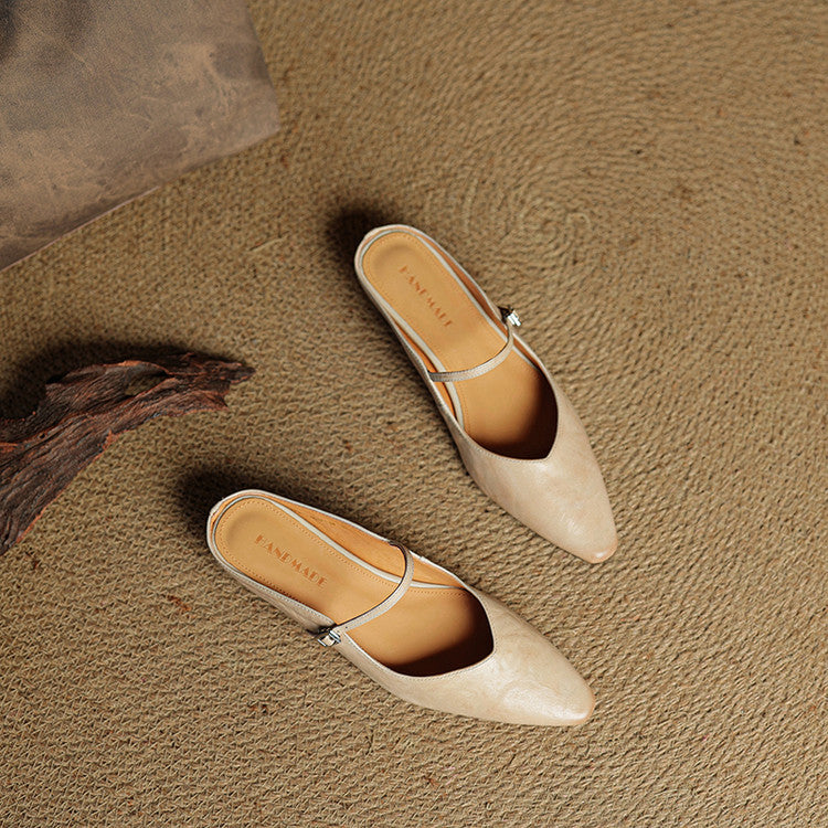 Women’s Leather Backless Flats - Pointed Toe Buckle Strap Low Heel Shoes